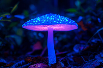 A rare blue mushroom glowing under UV light