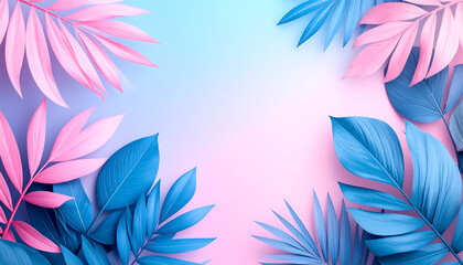 Abstract tropical leaves composition with blue and pink colors on transparent background