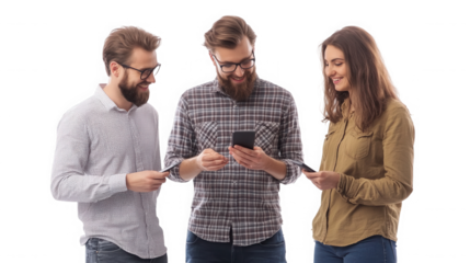 Three young adults using smartphones and smiling in a casual setting together on transparent background