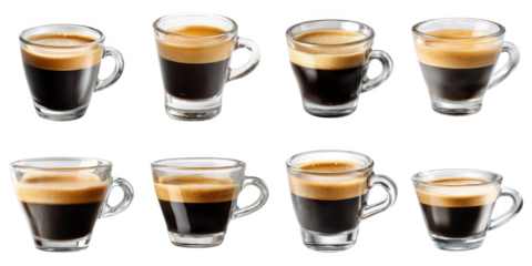 An appealing collection of eight various espresso coffee drinks, each served in a clear glass, showcasing unique crema and deep hues