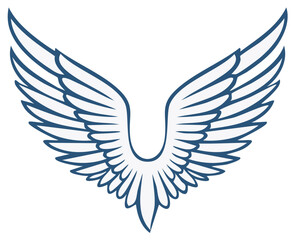 Obraz premium Stylized blue outline angel wings graphic design element representing freedom flight and protection