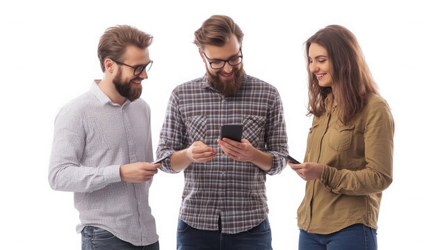 Three young adults using smartphones and smiling in a casual setting together on transparent background