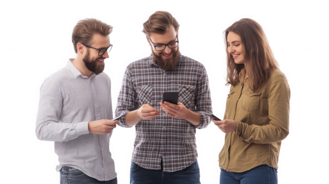 Three young adults using smartphones and smiling in a casual setting together on transparent background