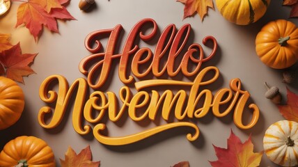 Hello november autumn theme with pumpkins and leaves