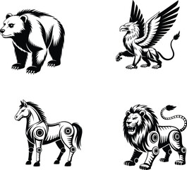 Bear griffin robotic animals, cybernetic lion horse illustration, mythical and mechanical creature silhouettes, black and white fantasy vector artwork design