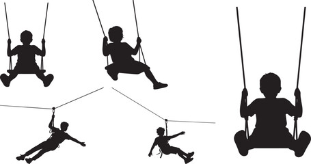 Children Playing on Swings and Zip Lines Silhouettes | Children on a zipline adventure silhouette collection