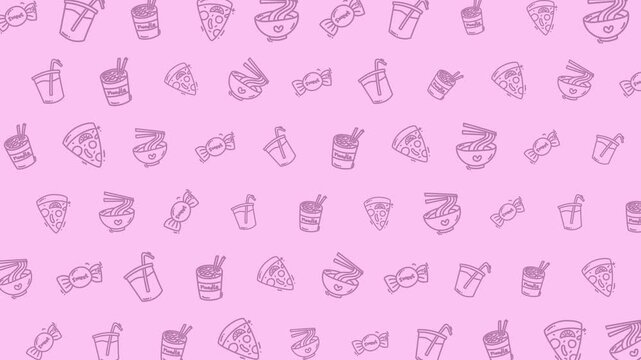 Food pattern animation pizza noodles drinks candy cute snack illustration suitable for food-related branding, social media, children's content, or digital backgrounds