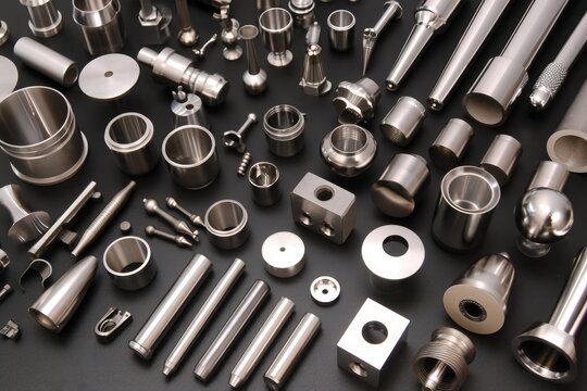 An assemblage of stainless steel components displayed on a dark grey background, showing rods, pins, sleeves, metal mesh, pipes and decorative accessories for industrial and construction applications