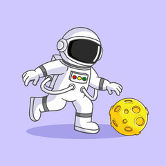 Cute Astronaut Kick Moon Ball Playing Soccer in Space Vector Illustration Cartoon Design