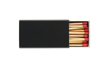 Black matchbox with red tipped matches partially extended