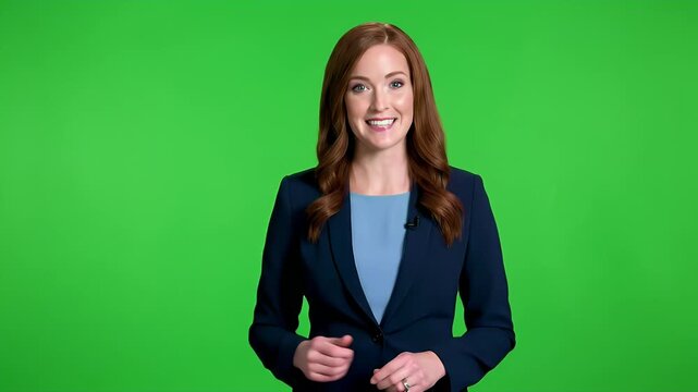 Smiling Professional Woman in Blazer Standing Against a Bright Green Screen, Ideal for News Broadcasts, Presentations, or Virtual Background Compos...