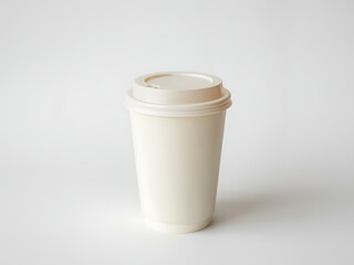 Plain white disposable coffee cup with clear lid on white background