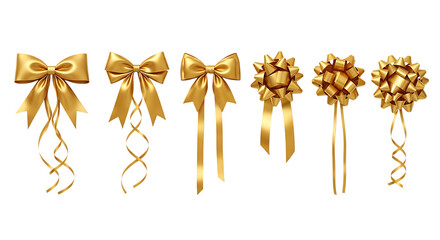 Collection of golden ribbon bows isolated on transparent background for decoration
