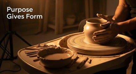 A potter's hands shape wet clay on a spinning wheel in warm light. Text: "Purpose Gives Form." Symbolizes creation, process, mastery, art, vision, and craftsmanship.
