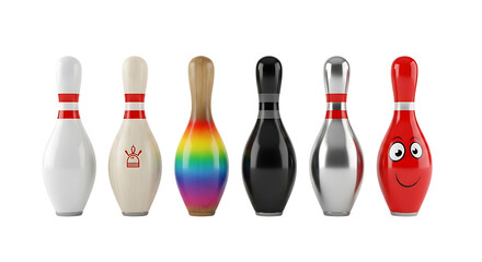 Six colorful bowling pins isolated on transparent background, each with unique design