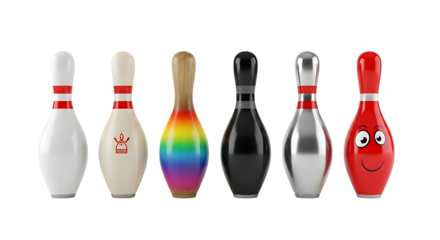 Six colorful bowling pins isolated on transparent background, each with unique design
