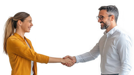 Business partners shaking hands in agreement smiling with a on transparent background
