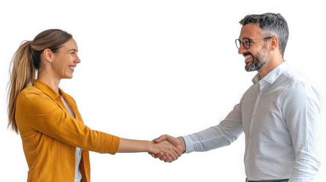 Business partners shaking hands in agreement smiling with a on transparent background