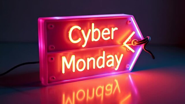 Neon sign for Cyber Monday sale. Bright red and pink colors illuminate the text, indicating discounts and promotions. Light box design with an arrow pointing left, zoom out