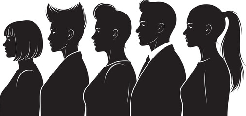 Silhouette profile diversity, stylish people vector, unique hairstyles, fashion identity, black figures, modern look, expressive design, isolated background, gender neutral, artistic pose