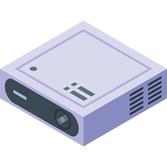 Fototapeta premium Digital projector in isometric view with a pale lavender casing and dark gray lens on a transparent background showcasing modern technology and electronic device.