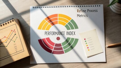 Colorful performance index chart depicting refined process metrics on a wooden desk with natural light and stationery items