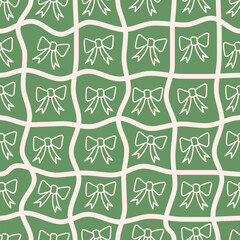 Seamless pattern of curved checkered lines and bows on a green background. White and green colors. Twisted checkered wavy texture. Vector illustration