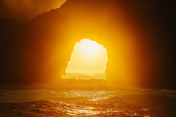 A sea arch glowing in the golden light of sunrise over the ocean