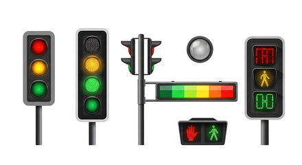 Traffic light set isolated on transparent background for transportation design