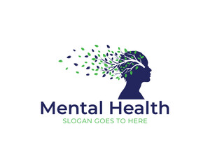 Mental health logo featuring a human head silhouette with tree branches and leaves, symbolizing growth, awareness, and wellbeing isolated on white background