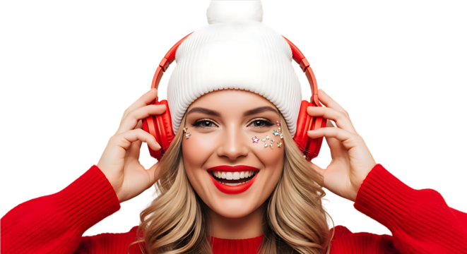 Smiling woman with red headphones and a white beanie adorned with starshaped glitter exudes joy and festive cheer against a stark radiating happiness