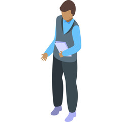 Pixel Art Isometric Man Holding Paper Document with Blue Shirt and Gray Vest Dark Pants and Light Blue Shoes Standing Isolated on White Background