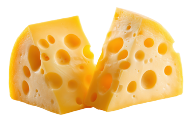 Yellow Swiss cheese wedges showing characteristic holes, isolated on transparent background