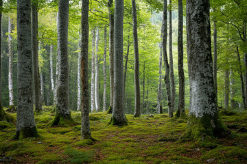 Fototapeta premium A forest scene with towering trees, their trunks blanketed in lichen