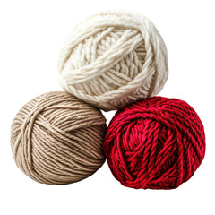 Three Textured Balls Of Chunky Yarn In Cream Tan And Red Colors Neatly Stacked isolated on transparent background. PNG die-cut for advertising