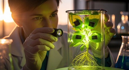 A dedicated scientist examines a glowing plant, integrating cutting-edge technology to advance healthy biological science and sustainable future solutions