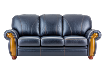 Dark navy blue leather three seater sofa with curved wooden arm accents and stitched details isolated on transparent background. PNG die-cut for advertising