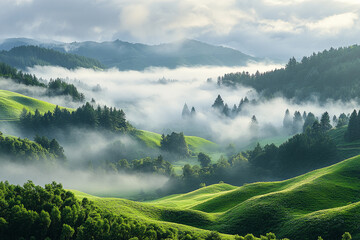 A Serene Valley Draped in Low-Hanging Clouds A mystical valley, where rolling fog hugs land in a soft, dreamlike embrace