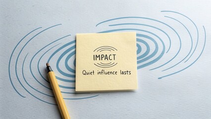 Sticky note with the word 'IMPACT' and a quote about quiet influence on a textured background with light blue waves