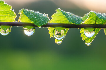 A series of dewdrops aligned on a vine, each magnifying its surroundings