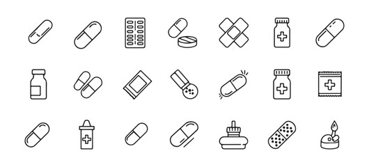 Pharmacy line icons. This vector illustration features icons like rx, effervescent pill, blister, sachet, bandage, and capsule bottle outline pictograms for drug medication