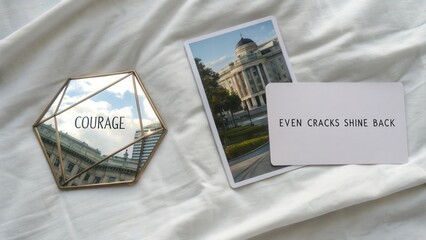 Inspirational Message and Reflection in Modern Setting with Smooth Fabrics and Urban Landscape Elements