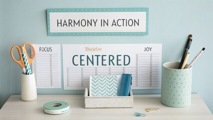 Inspiring Desk Setup with Artistic Supplies Focused on Harmony, Discipline, and Joy for Productivity and Creativity