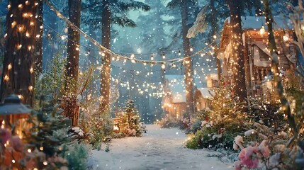A magical winter scene with twinkling lights in a forest setting.