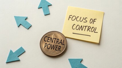 Central Power Representation with Sticky Note Focus of Control and Direction Arrows in Business and Leadership Context