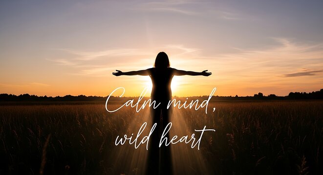 Silhouette of a woman with open arms at sunset with inspirational quote.