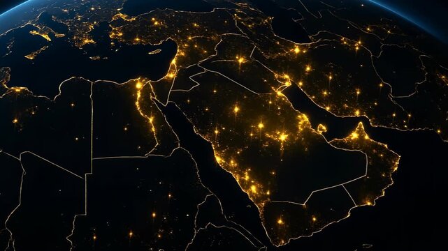 stunning aerial view of Arab world and Arabian peninsula illuminated at night from space, concept of global connectivity and technology, mapping and geography, middle east global connection, zoom in