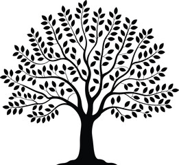 Decorative tree silhouette, abstract botanical design with leaves, symmetrical nature artwork, black and white vector illustration, growth family tree concept
