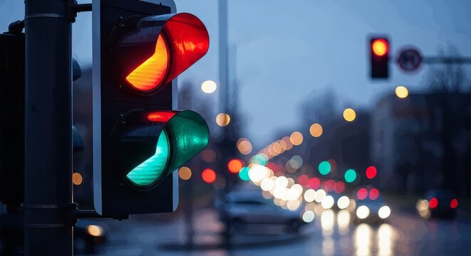 Traffic light showing red and green lights at dusk with blurred city street and car lights in the background, symbolizing decision and direction - Powered by Adobe
