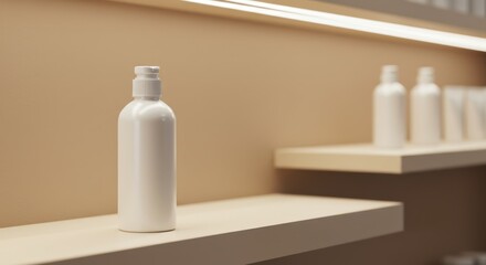 White cosmetic bottle on wooden shelf display.